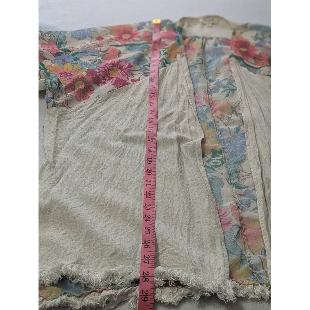 Umgee Kimono 3/4 Sleeve Fringe Hem Open Tunic Med Large Linen Oatmeal Floral‎ - Picture 10 of 11